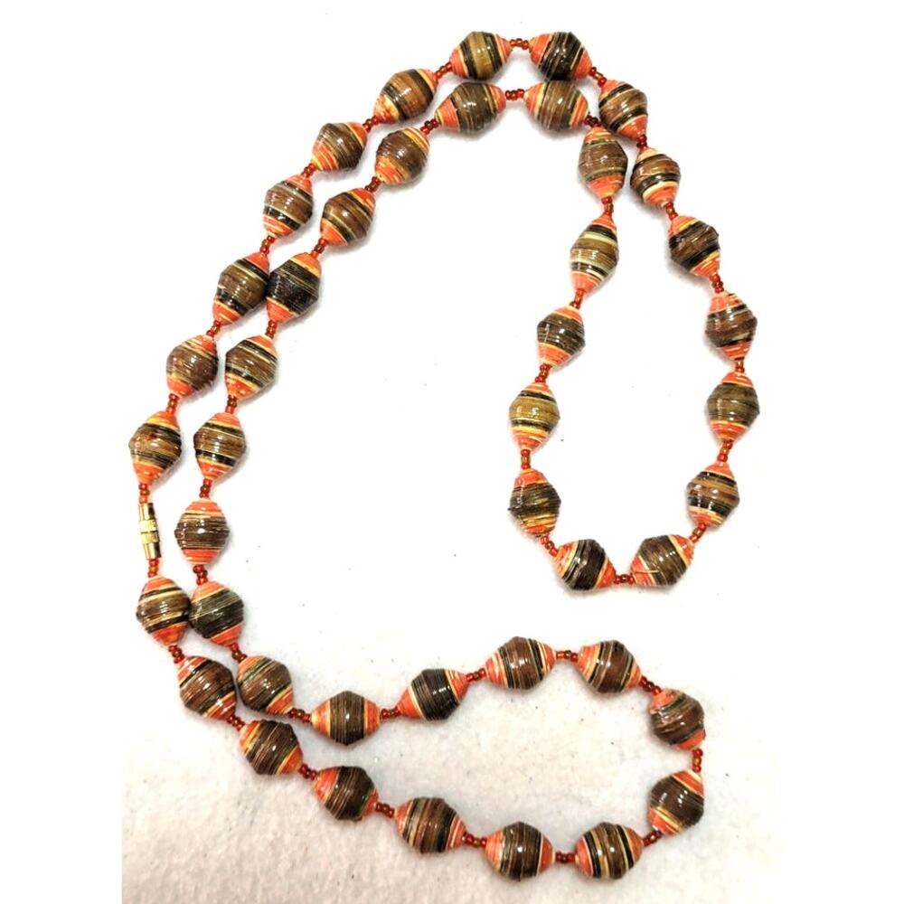 Vtg Hand Rolled Paper Bead Necklace Earth Tone Brown Red Boho Hippie Retro